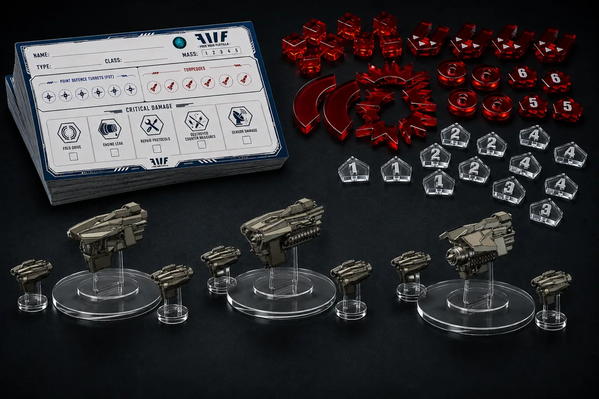 Box set preview: a ship card, red and clear tokens and Sovereign ships on bases