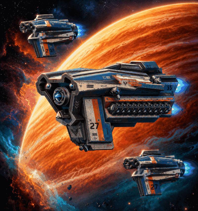 Sovereign class ships over a nebula-lit gas giant